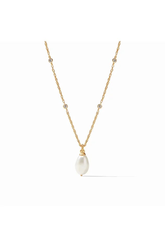 Marbella Solitaire Necklace Gold Freshwater Pearl and Cubic Zirconia
