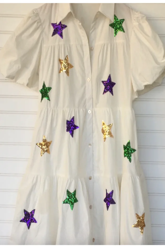 MARDI GRAS GLITTER STAR SMOCKED DRESS