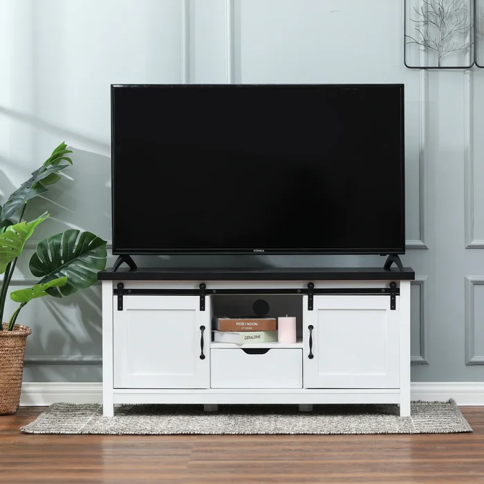 Modern Farmhouse White with Dark Brown 47.3″ Wide TV Stand and Bench – 21.66″ H x 47.3″ W x 15.4″ D
