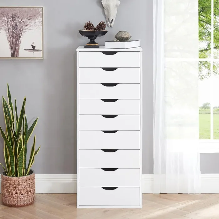Narrow Wooden 9-Drawer Cabinet with Smooth-Glide Drawers and Top Storage Shelf