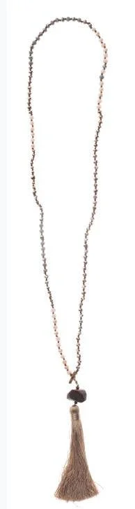 Necklace – Hand-Knotted Sone, Crystal & Tassel -Tan/Smoke