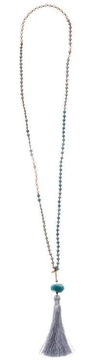 Necklace – Hand-Knotted Stone, Crystal & Tassel – Light Gray
