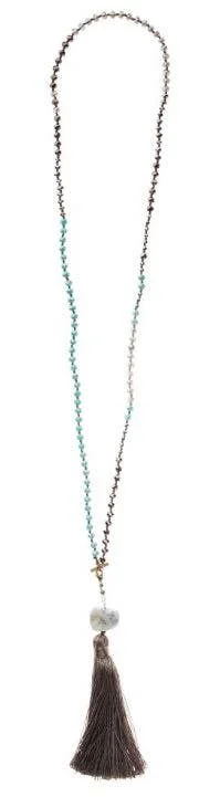 Necklace – Hand-Knottedd Stone, Crystal & Tassel – Taupe