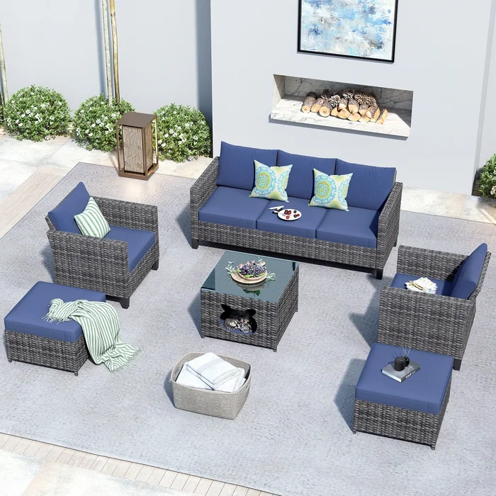 OVIOS 6-piece Patio Wicker Conversation Sectional Set With Cat Head-shaped Storage Table