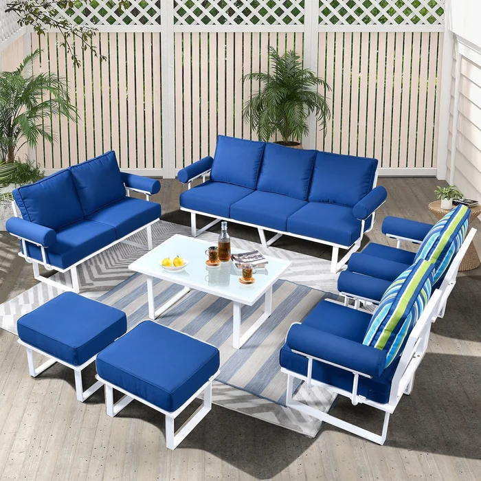 OVIOS 7-piece Outdoor Aluminum Frame Ottoman Removable Cushion Sectional Set