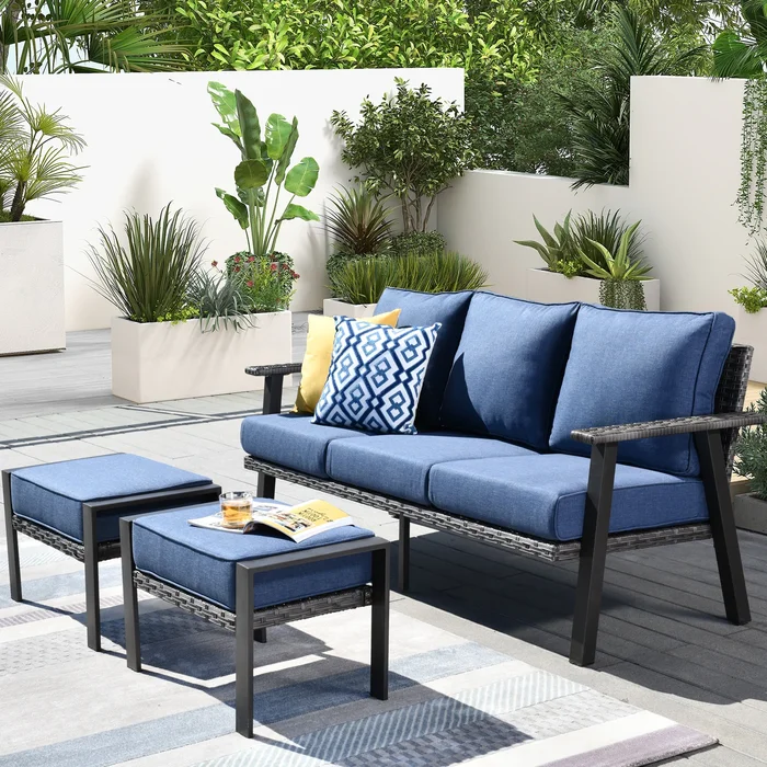 OVIOS Outdoor 3-piece Wicker Sectional Sofa Set With Ottoman Steel Frame