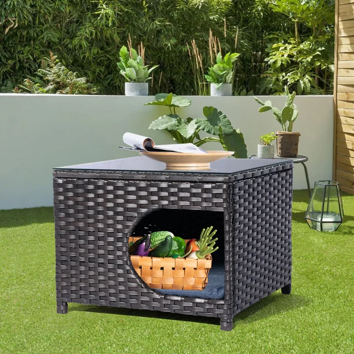 OVIOS Patio Outdoor Brown Wicker Pet Coffee Table with Glass Top