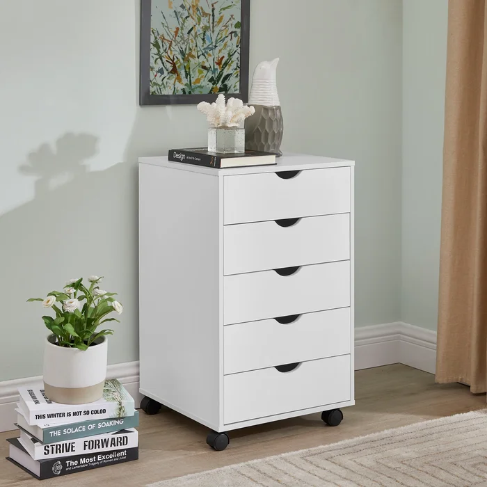 Portable Wooden 5-Drawer Cabinet with 360° Wheels, Easy Pullout Design, and Extra Top Storage