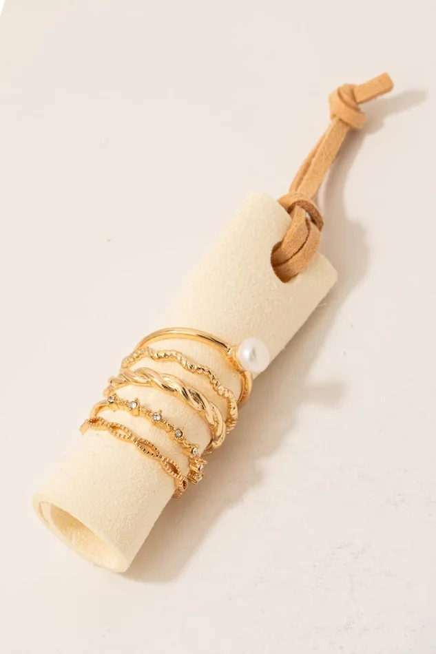 Rhinestones And Pearl Twisted Band Rings Set: GDCRM