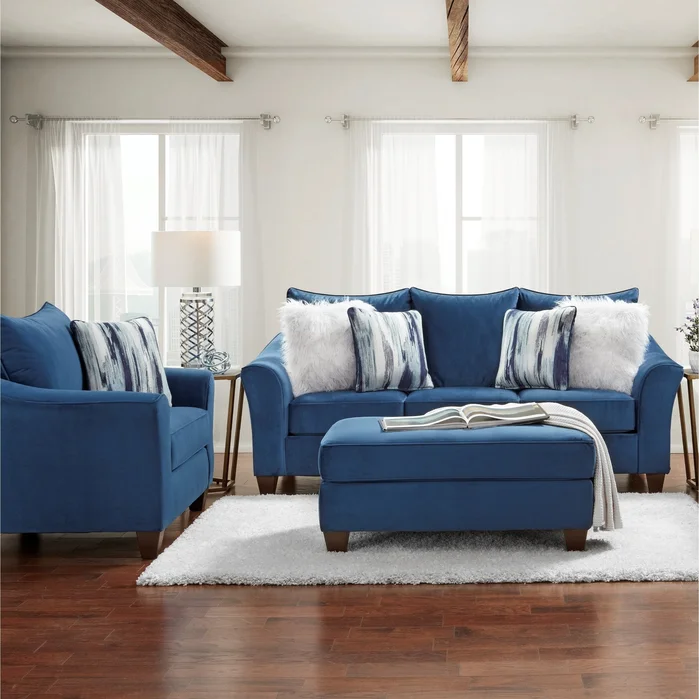 Roundhill Furniture Camero Fabric Pillowback 3-Piece Sofa Set in Navy Blue