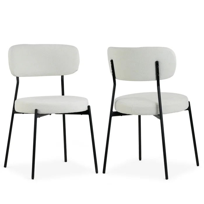Set of 2 Aya White Chenille Dining Chair with Black Steel Legs