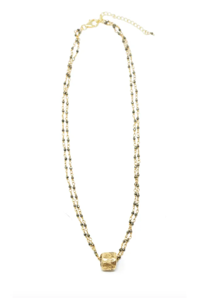 Small Gold Barrel on Double Pyrite Necklace