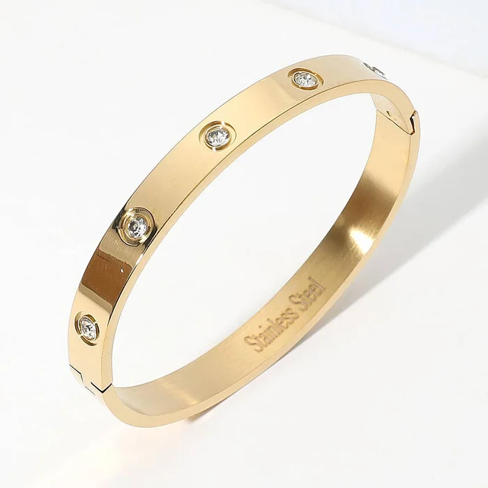 Stone Paved Hinged Bangle Bracelet: Gold
