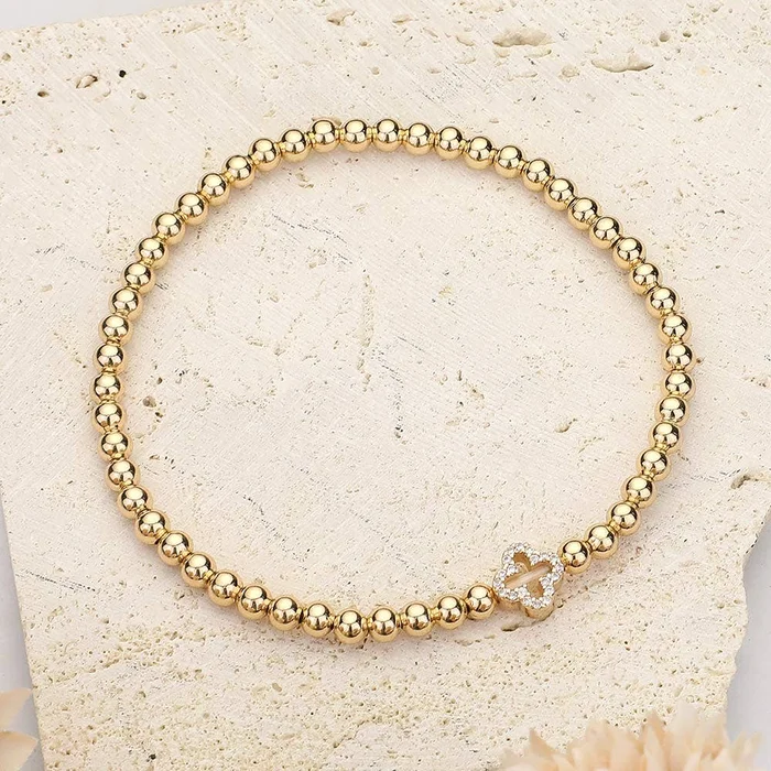 Stone Paved Quatrefoil Brass Metal Ball Beaded Stretch Bracelet