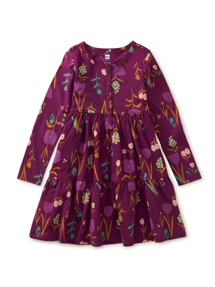 Tiered Henley Dress (Long Sleeve) – Freyja Floral in Purple