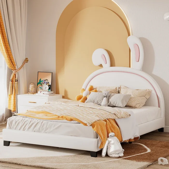 Upholstered Leather Full Size Rabbit-shape Platform Bed