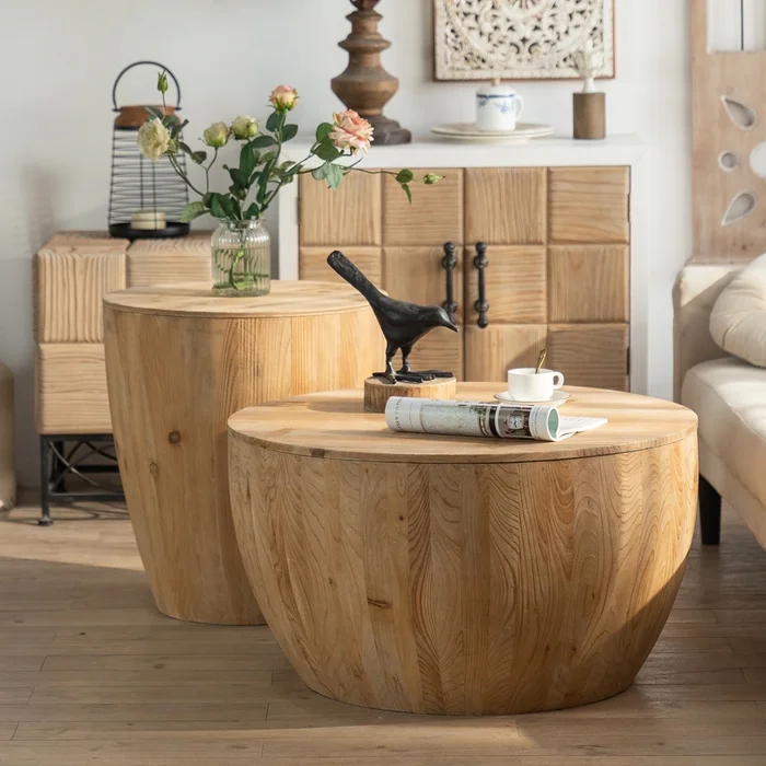 Vintage Style Bucket Drum Shaped Wooden Coffee Table
