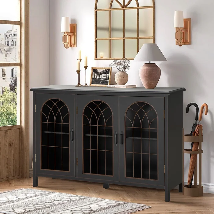 Vintage Wire Hollowed Window Accent Storage Cabinet with 2 Doors