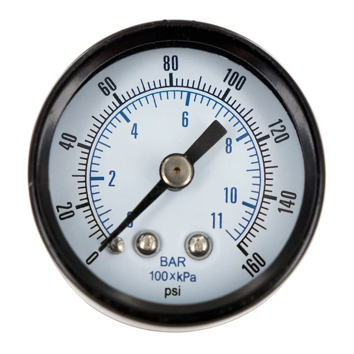 Water Pressure Gauge 160 PSI, 1/8″ MPT, 1.5″ Glass Dial, Center Mount, Black Steel Case