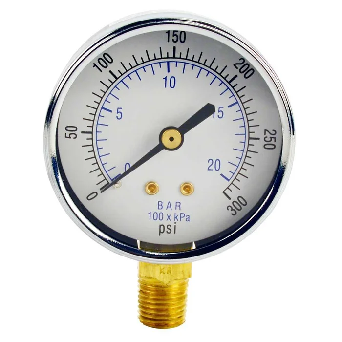 Water Pressure Gauge 300 PSI, 1/4″ MPT, 2.5″ Glass Dial, Lower Mount, Black Steel Case