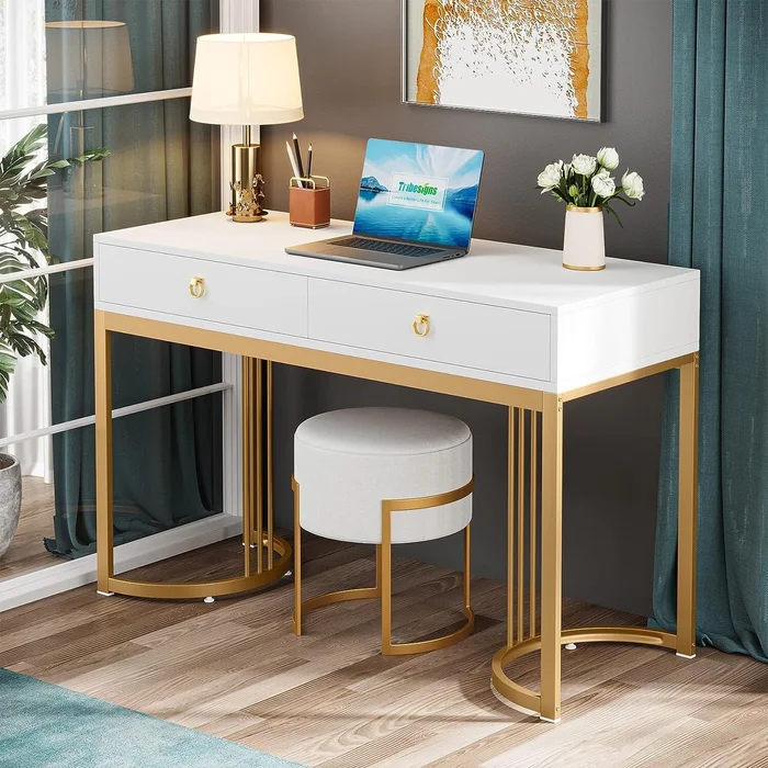 White and Gold Computer Desk with 2 Drawers