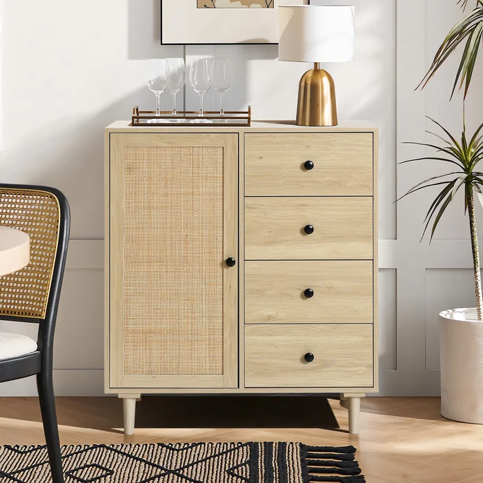 White Oak Finish Wood and Rattan 1-Door 4-Drawer Storage Cabinet – 36.61″ H x 31.5″ W x 16.53″ D