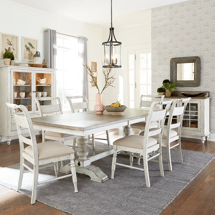 Whitney Antique Linen Weathered Gray 7 Piece Trestle Table Set