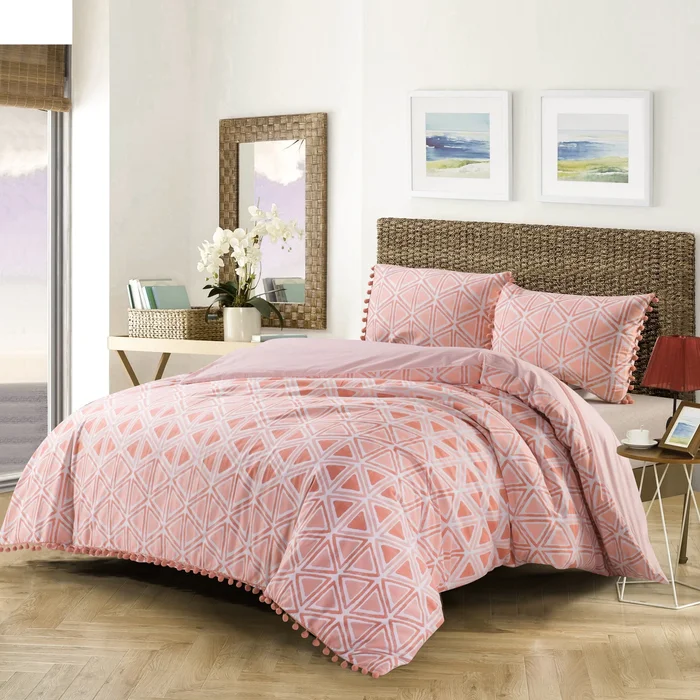 WHOLINENS Cotton Sateen Reversible Duvet Cover Set With Pom Pom Trim