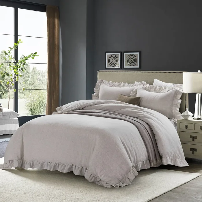 WHOLINENS Stone Washed French Linen Duvet Cover Set, Ruffled With Bow Ties Closure