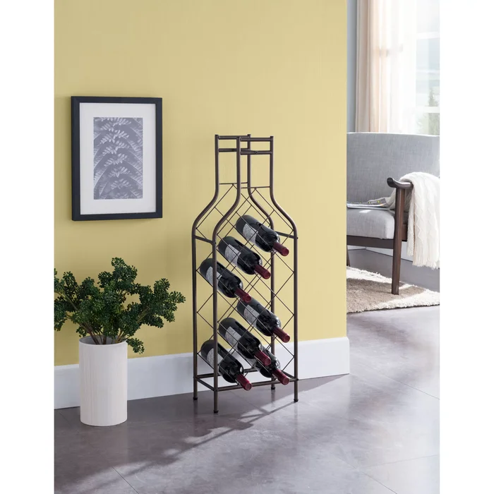Wine Bottle Shaped Freestanding Floor Metal Wine Rack Storage – Holds 12 Bottles – Pewter Finish