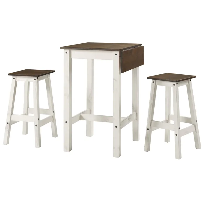 Wood Bar Height Dining Set of Drop Leaf Table and 2 Stools White Distressed