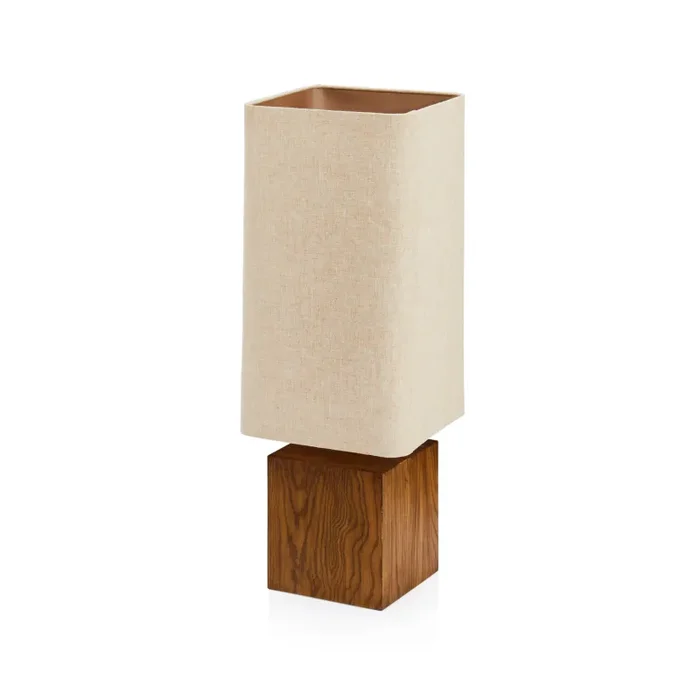 Wood Block Table Lamp w/ Tall Beige Rectangular Shade Sale
