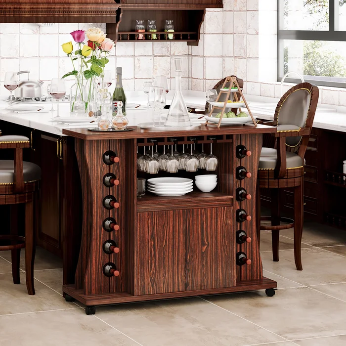 Wood Buffet Server Rolling Sideboard Console Table w Wine Bottle Rack