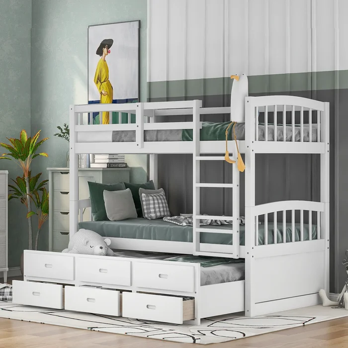 Wood Bunk Bed with Trundle and Drawers