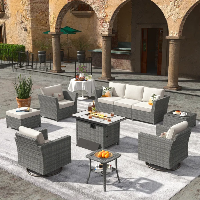 XIZZI 10-piece Outdoor Furniture Set Swivel Rocking Chair with Fire Pit