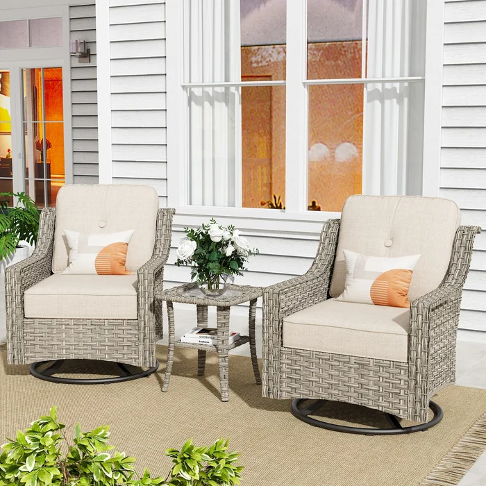 XIZZI 3-Piece Swivel Rocking Chair Rattan Wicker Outdoor Patio Furniture Bistro Set
