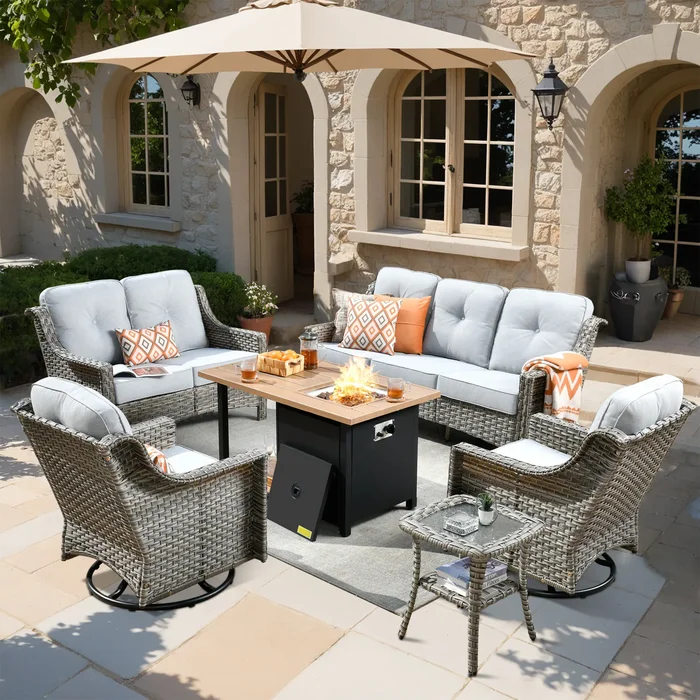 XIZZI 6-piece Outdoor High-back Furniture Swivel Chair Set with Fire Pit