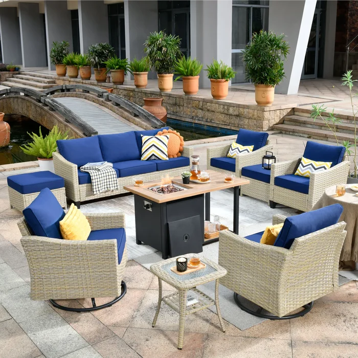XIZZI 9-piece Outdoor Furniture Wicker Conversation Set with Fire Pit