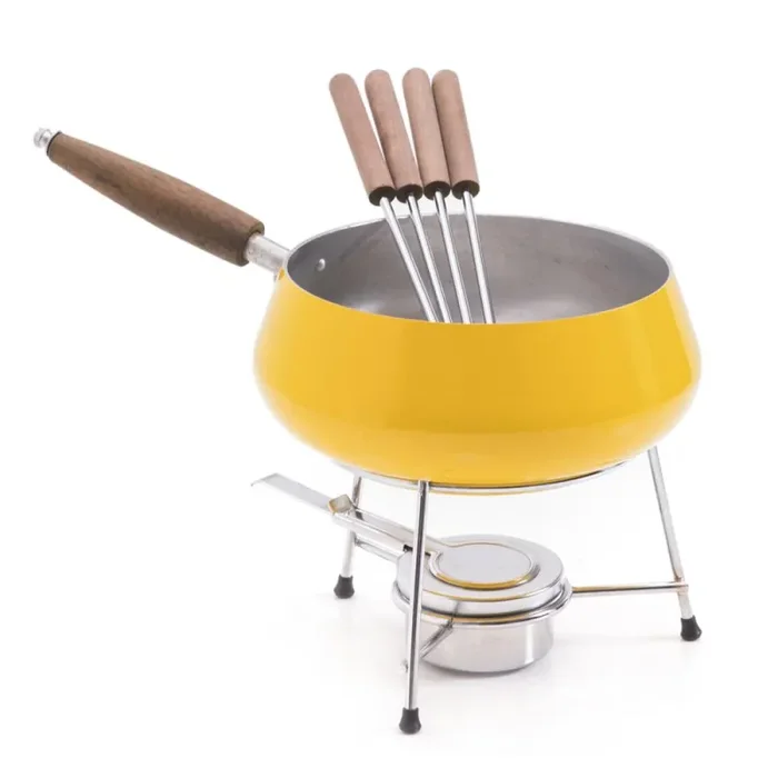 Yellow Fondue Set (No Lid) with Wood Handle Utensils